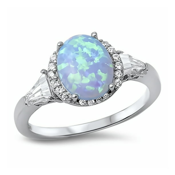 Glitzs Jewels 925 Sterling Silver Created Opal Ring Jewelry Gift for Women Light Blue With Clear CZ 